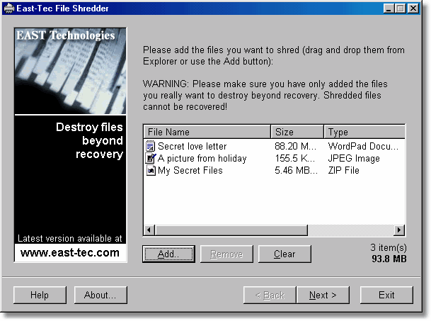 East-Tec File Shredder Screenshot